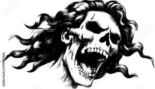 Vintage skull illustration with hair in a screaming expression. This detailed monochrome vector artwork captures a dark and creepy aesthetic.