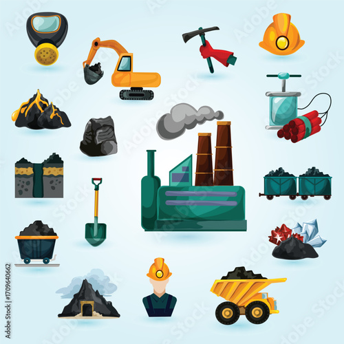 Detailed Cartoon Mining Industry Objects and Elements Flat Composition Style