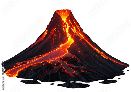 Molten lava flows down the slopes of a volcano against a black backdrop, illuminating the dark volcanic landscape.