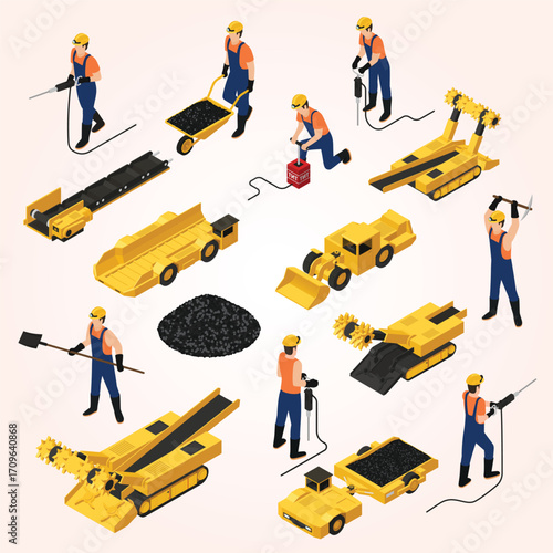 Isometric Detailed Coal Mining Industry Illustration with Workers and Equipment