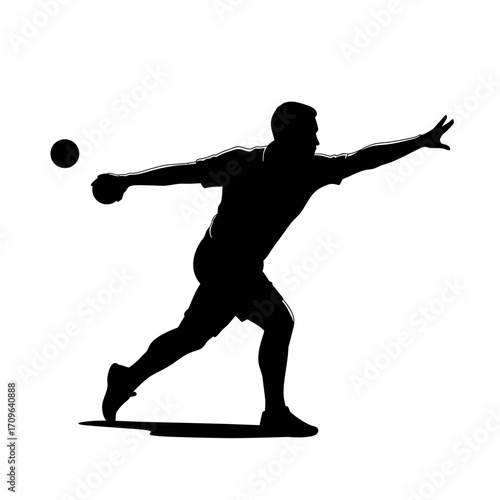 Silhouette of a person throwing a bocce ball during a game with motion blur effect