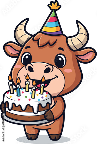 Cute cartoon bull wearing a party hat holding a birthday cake