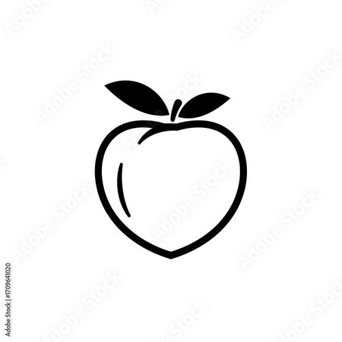 Simple outline icon of a peach with two leaves and a stem isolated on a white surface
