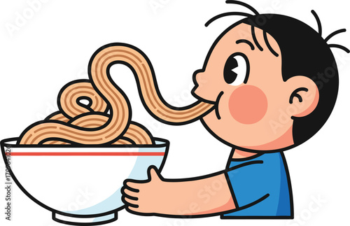 Cute cartoon boy eating a large bowl of spaghetti with his tongue