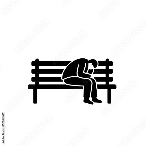 Sad person sitting alone on park bench icon depicting loneliness and despair simple silhouette design