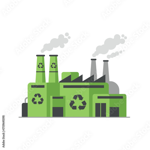Green factory with recycling symbols emitting smoke illustrating eco-friendly industrial operations and sustainability