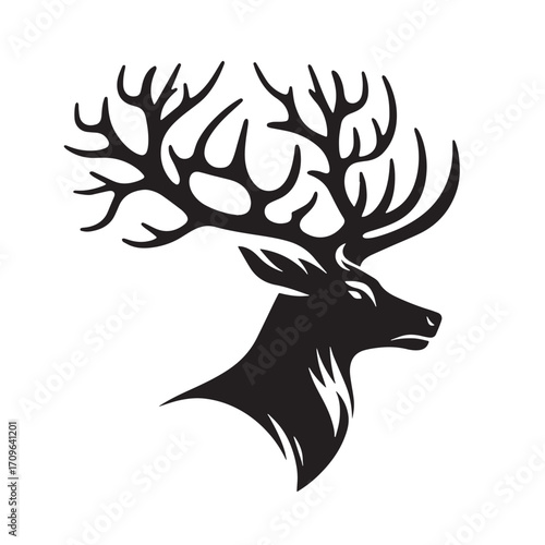 Black Reindeer Head Silhouette Vector Illustration design, Solid White Background