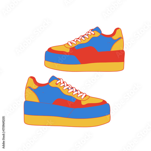Vibrant color block platform sneakers two shoes side view fashion footwear