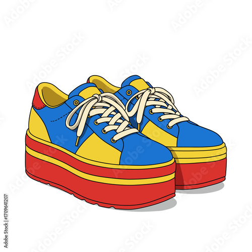 Vibrant platform sneakers with bold red yellow and blue color blocking and thick white laces