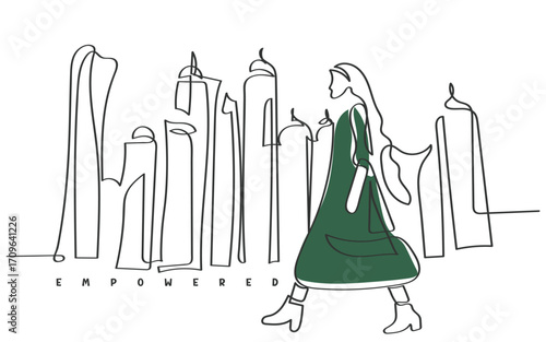 Hand darwn line art vector of an empowered woman with UAE Skyline. UAE woman rights and development concept.