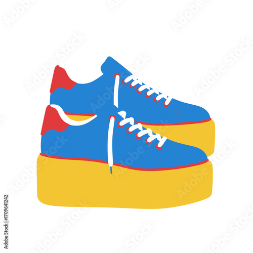 Vibrant blue platform sneakers with bold yellow soles and red accents on white