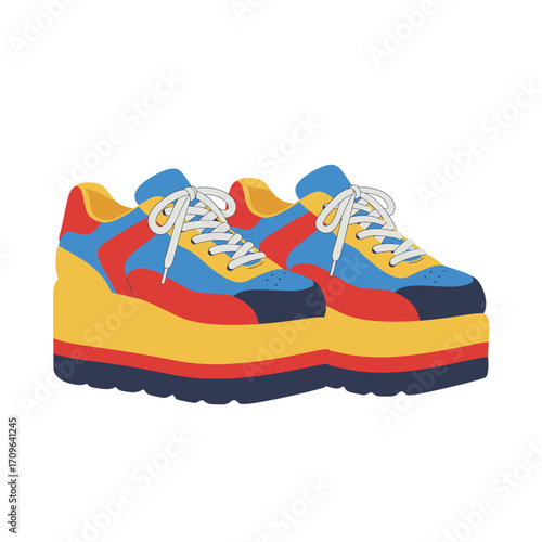 Vibrant retro platform sneakers shoes with bold color blocks and chunky soles fashion footwear