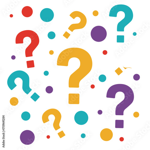 Brightly colored question marks and circles floating symbolizing curiosity and inquiry