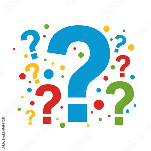 Colorful question marks scattered around large blue question symbol symbolizing inquiry and curiosity