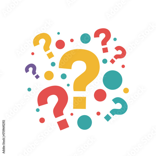 Bright colorful question marks floating around mystery bubbles and dots expressing curiosity