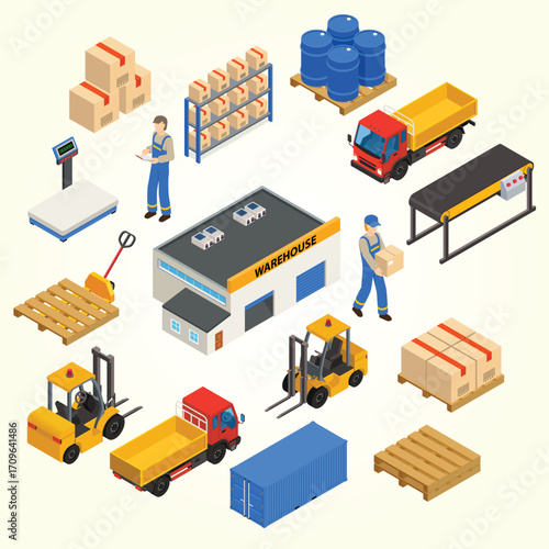Isometric Detailed Warehouse Logistic Element with Vehicle and Worker Illustration