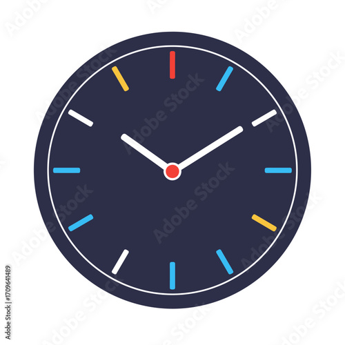 Modern minimalist clock face with colorful hour markers and white hands timekeeping