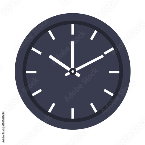 Classic dark blue wall clock with white hands and hour markers showing time