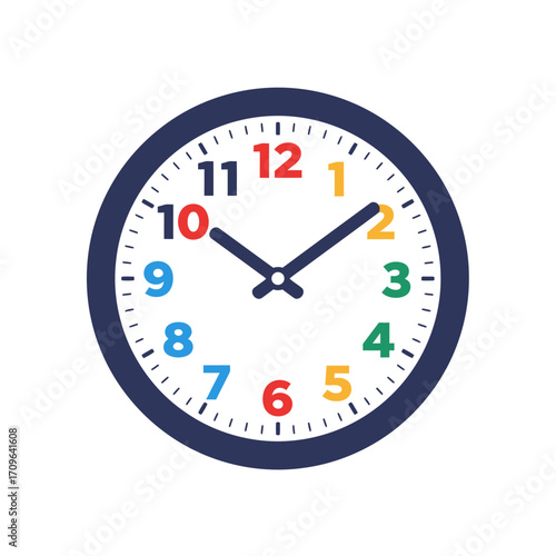 Colorful round wall clock with arabic numerals and hour minute hands