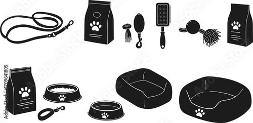 Dog care icons set with leash, collar, food bowls, grooming brushes, toys, dog beds, pet supplies, silhouette illustration design