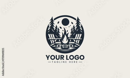 Inviting black and white vector logo of a campfire with an Adirondack chair in a forest, a cozy design