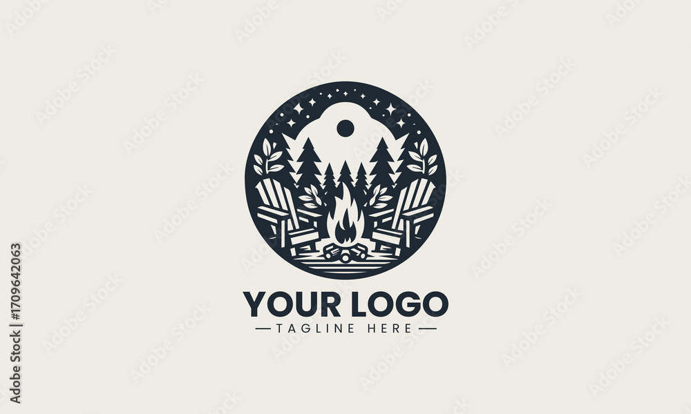 Fototapeta premium Inviting black and white vector logo of a campfire with an Adirondack chair in a forest, a cozy design