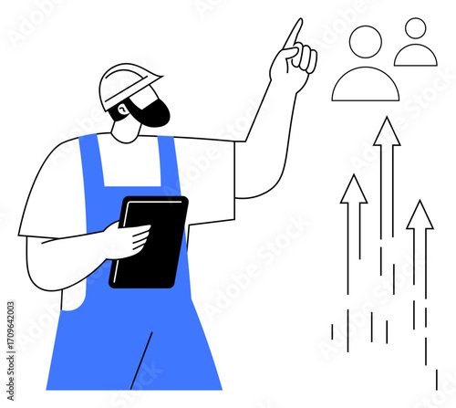 Construction worker holding tablet and pointing at people with arrow graphics. Ideal for teamwork, leadership, career growth, project planning, workforce management, training, simple flat metaphor
