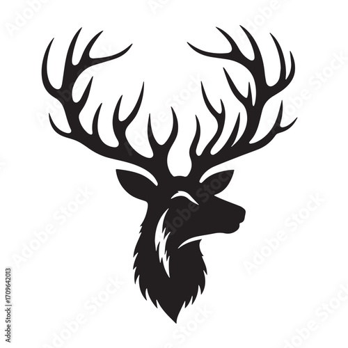 Black Reindeer Head Silhouette Vector Illustration design, Solid White Background