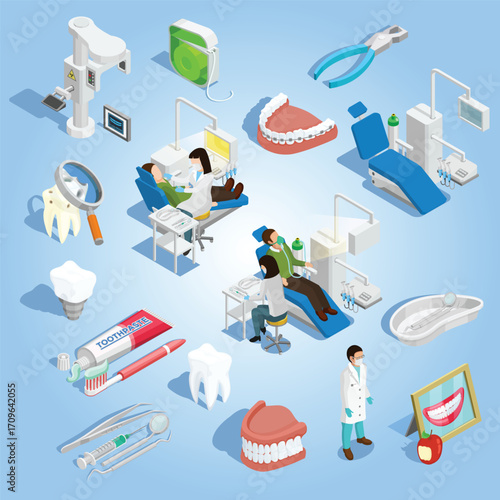 Isometric Detailed Dental Treatment and Hygiene Tools and Equipment Set Illustration