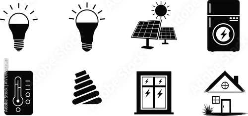 Energy and electricity icons set with light bulbs, solar panels, appliance, thermostat, eco house, sustainable power, renewable living illustration