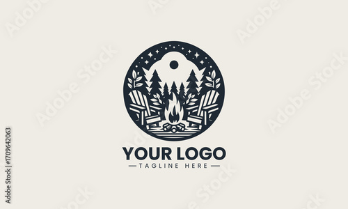 Inviting black and white vector logo of a campfire with an Adirondack chair in a forest, a cozy design