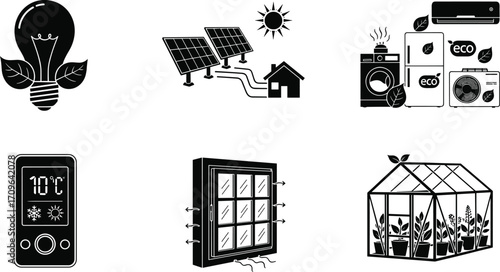Energy efficiency icons, eco-friendly living, solar power, green home, sustainable design, renewable energy, smart appliances, climate control, ventilation, greenhouse, vector illustration