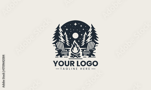 Inviting black and white vector logo of a campfire with an Adirondack chair in a forest, a cozy design