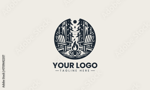 Inviting black and white vector logo of a campfire with an Adirondack chair in a forest, a cozy design