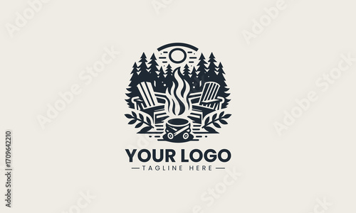 Inviting black and white vector logo of a campfire with an Adirondack chair in a forest, a cozy design