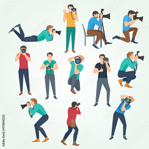 Diverse Flat Style Collection of Photographer Character in Various Poses