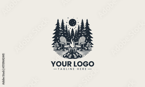 Inviting black and white vector logo of a campfire with an Adirondack chair in a forest, a cozy design