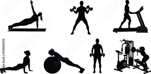 Fitness exercise silhouettes set with side plank, dumbbell lifting, treadmill running, push‑ups, exercise ball workout, gym machine strength training illustration