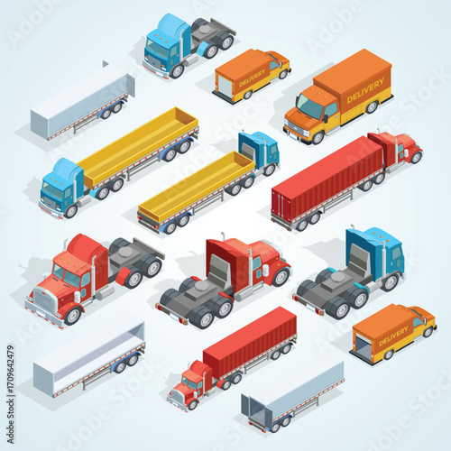 Isometric Style Detailed Truck Transportation Illustration with Variety of Models