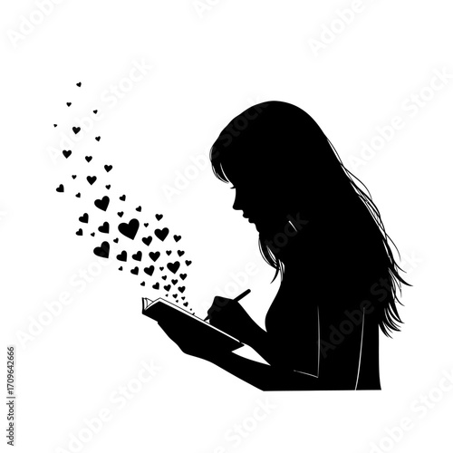 Silhouette of a woman writing with hearts emerging from her book symbolizing love and creativity