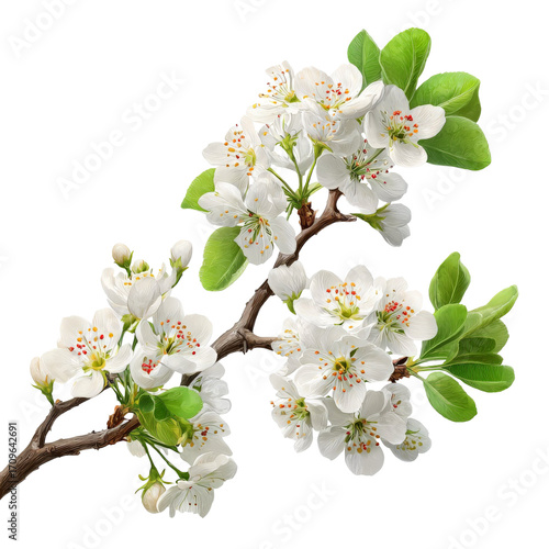 Wallpaper Mural A close-up view of a blooming pear tree branch showcasing delicate white flowers and vibrant green leaves, set against a soft background, ideal for nature-themed projects Torontodigital.ca