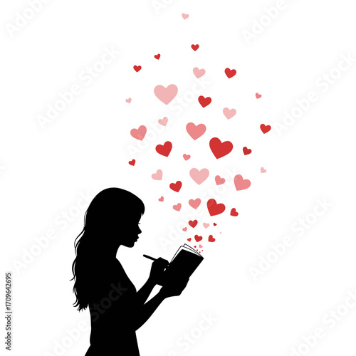Silhouette of a girl writing and a cloud of hearts floating above her creativity