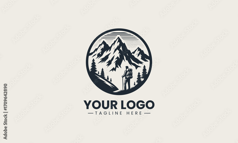 Fototapeta premium Inspiring black and white vector logo of a lone hiker gazing at majestic mountains, a perfect design for exploration brands