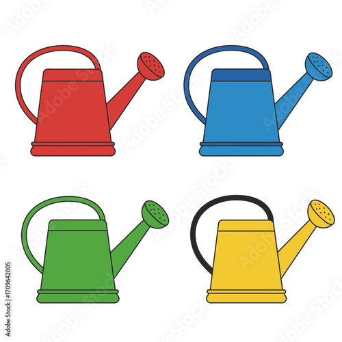 Four colorful watering cans arrayed for garden use vibrant tools for plant care