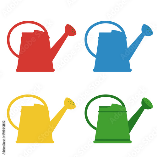 Four colorful watering cans for gardening plants and flowers providing essential water supply