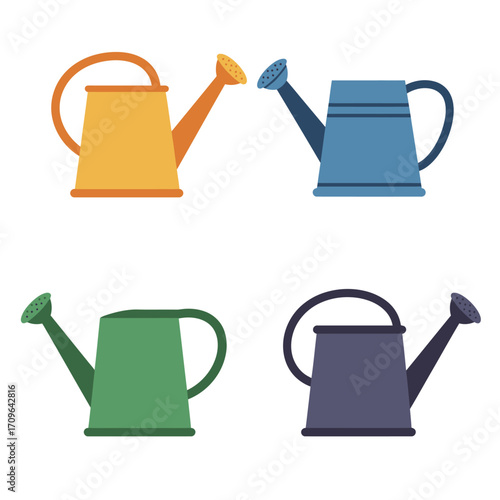 Four colorful watering cans collection garden tools for plants watering supplies