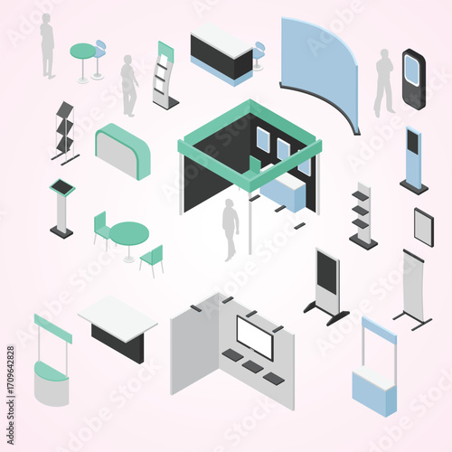 Isometric Trade Show Exhibit Stall Display Elements Various Booth Furniture