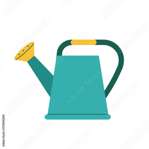 Classic teal watering can with yellow spout and green handle for garden care