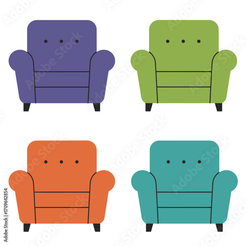 Four colorful armchairs isolated on white minimalist furniture design comfort living room seating
