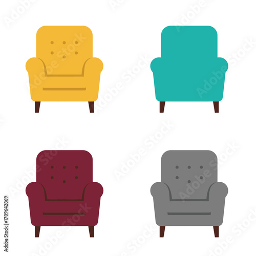 Four colorful armchairs in a grid layout for interior design and furniture concepts